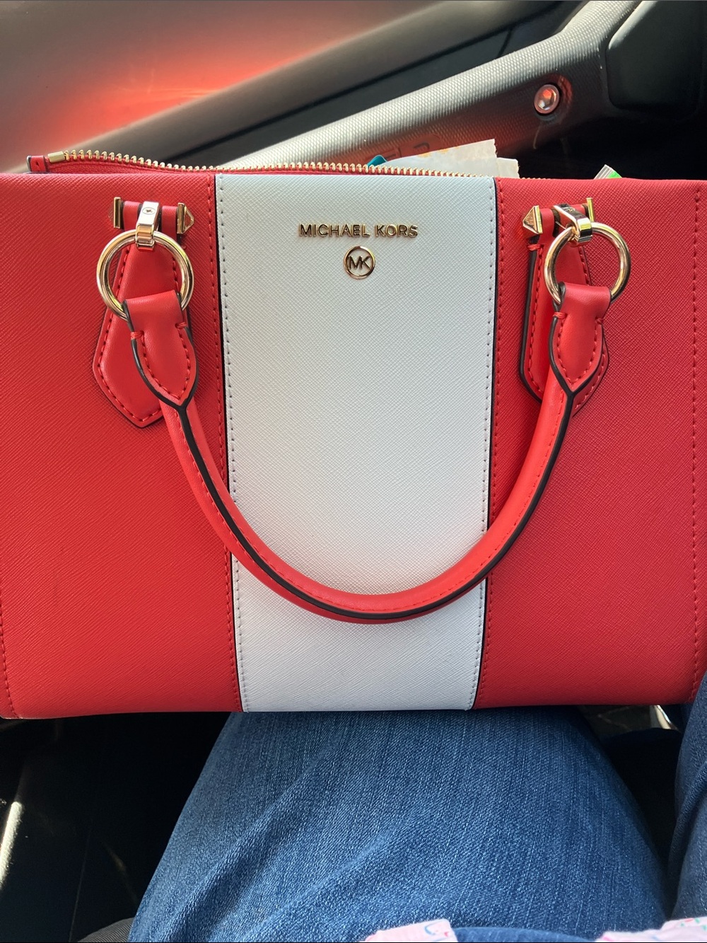 Michael Kors Red and White Leather Satchel with Gold Hardware